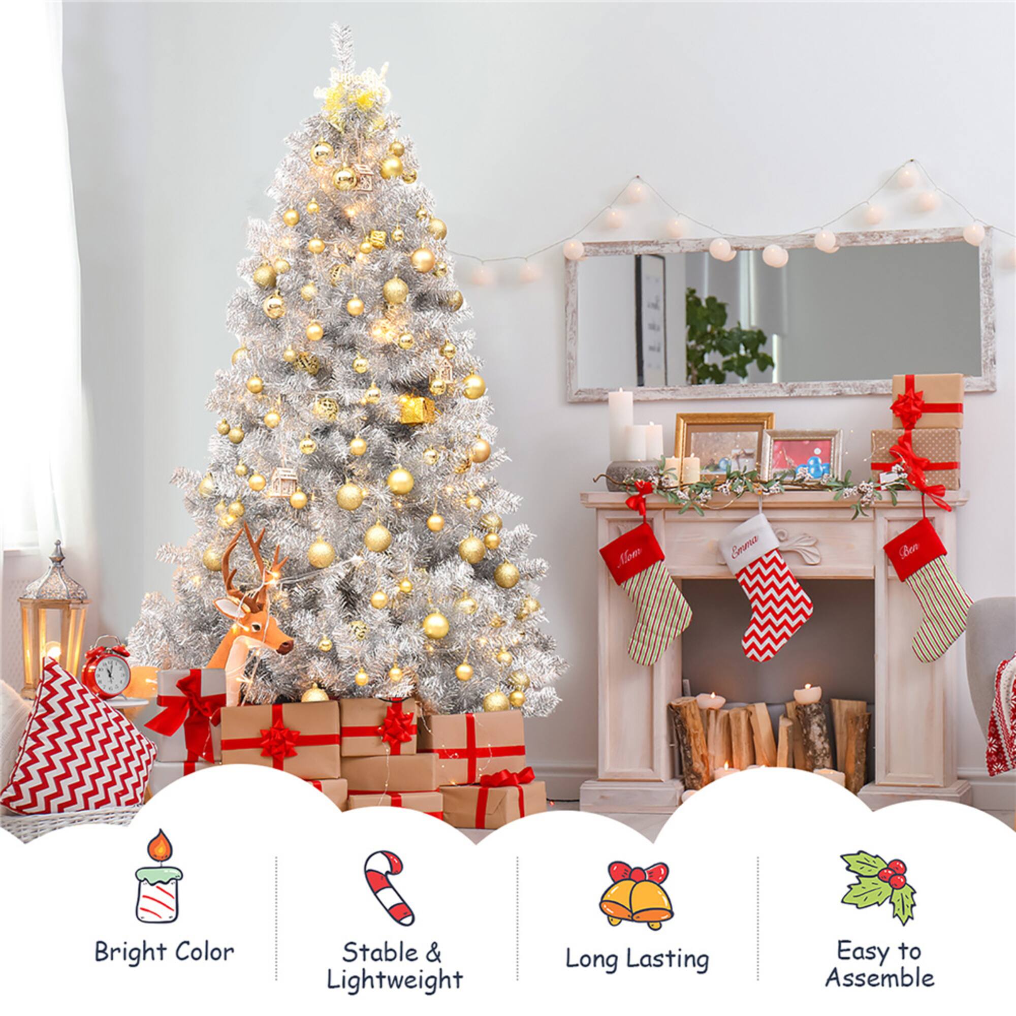Costway 6ft. Unlit Artificial Silver Tinsel Hinged Christmas Tree with Metal Stand